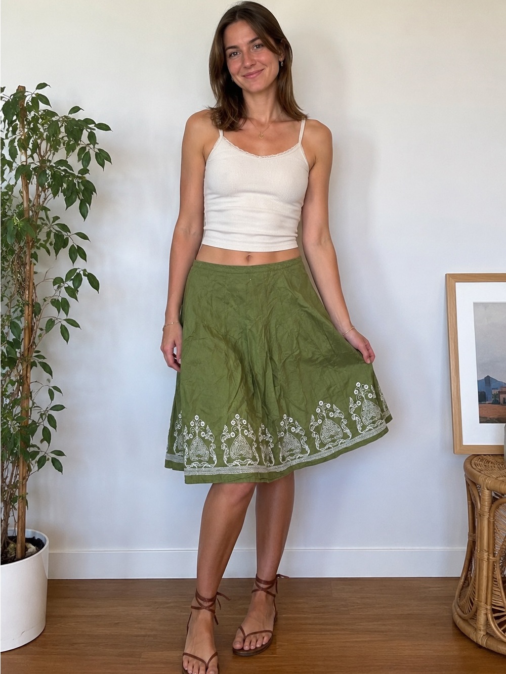 Ann Taylor Olive Green Embroidered A-Line Skirt